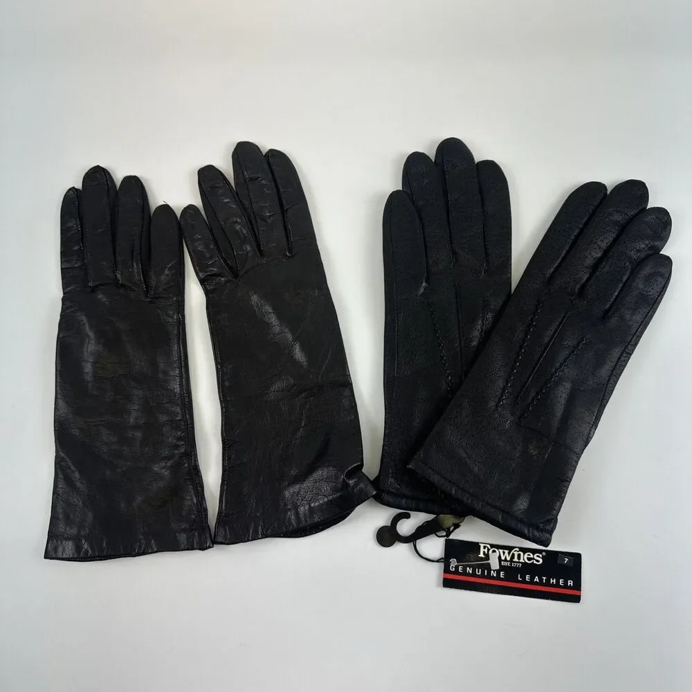 Fownes Leather Gloves Lot 2 Vintage Black Real Kid Leather Silk Lining Women 7